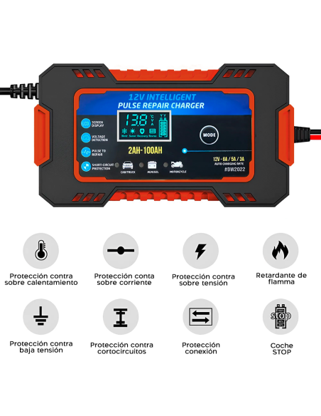 Cargador Batería para Coche y Moto Carga Inteligente 12V 6A Cables Pantalla LCD