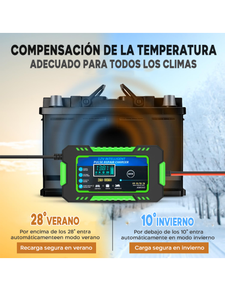 Cargador Batería para Coche y Moto Carga Inteligente 12V 6A Cables Pantalla LCD