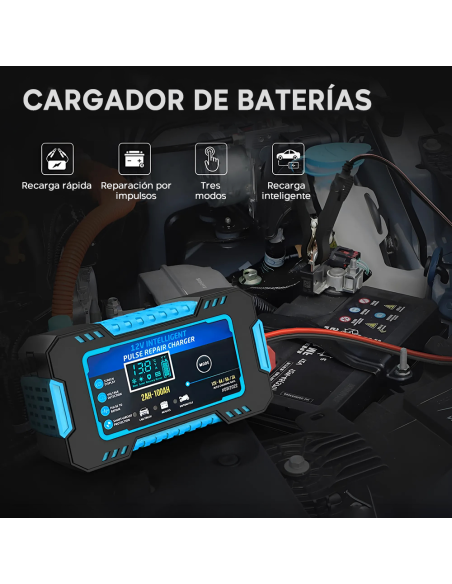 Cargador Batería para Coche y Moto Carga Inteligente 12V 6A Cables Pantalla LCD