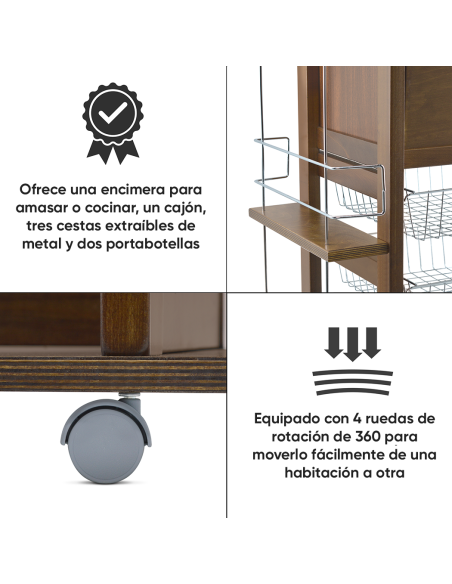 Carrito Panero 3 Cajones Portabotellas con Ruedas MAS018 Nogal 57x38x82