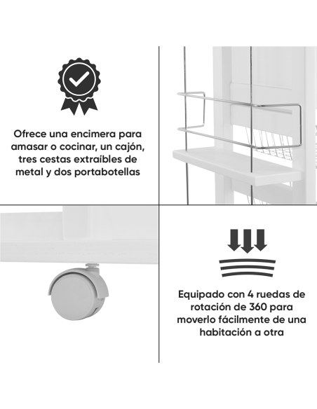 Carrito Panero 3 Cajones Portabotellas con Ruedas MAS084 Blanco 57x38x82cm