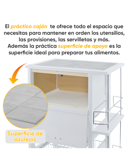 Carrito Panero 3 Cajones Portabotellas con Ruedas MAS084 Blanco 57x38x82cm