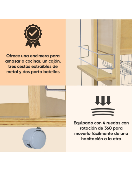 Carrito Panero 3 Cajones Portabotellas con Ruedas MAS033 Natural 57x38x82