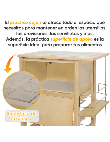 Carrito Panero 3 Cajones Portabotellas con Ruedas MAS033 Natural 57x38x82