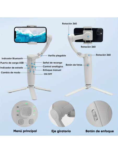 Estabilizador de Smartphone de 3 Ejes con Trípode Plegable para Fotos y Videos