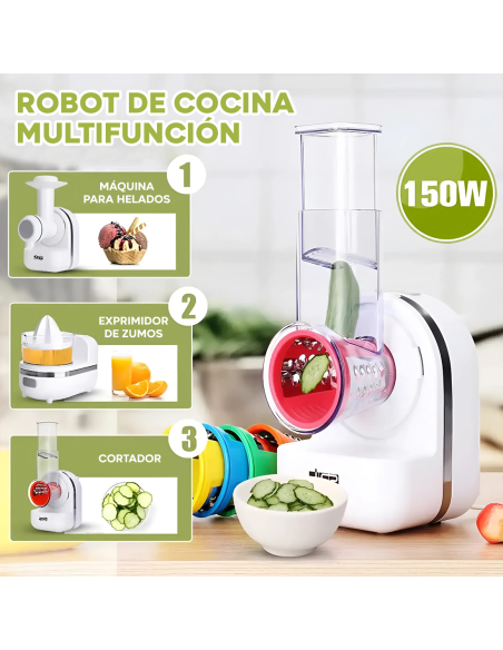 Robot de Cocina Multifunción 3 en 1 Exprimidor Rallador Batidora y Cortadora