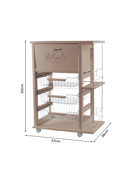 Carro Portapan 3 Cajones Botellero con Ruedas MAS250 Tortora 57x38x82cm