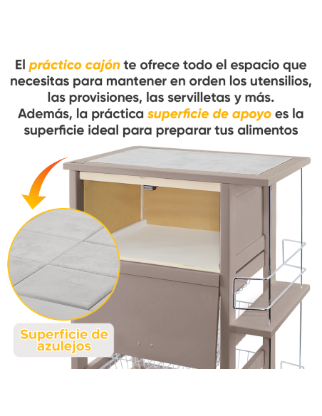 Carro Portapan 3 Cajones Botellero con Ruedas MAS250 Tortora 57x38x82cm