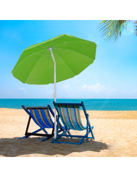 Sombrilla Playa Inclinable Antiviento con 8 Varillas Palo de Aluminio de 180cm