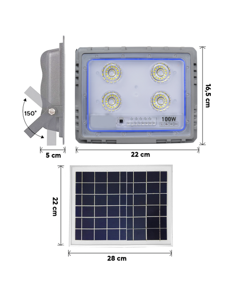 Proyector Solar LED 100W Panel Solar Crepuscular 6500K IP66 con Control Remoto