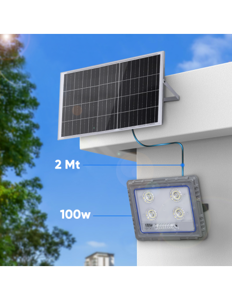 Proyector Solar LED 100W Panel Solar Crepuscular 6500K IP66 con Control Remoto