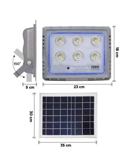 Proyector Solar LED 200W Panel Solar Crepuscular 6500K IP66 con Control Remoto