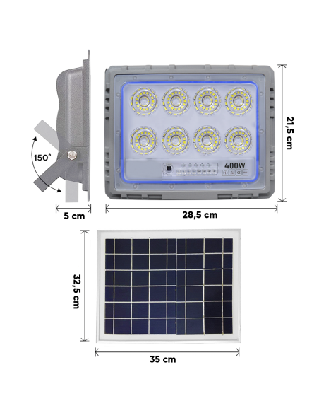 Foco Solar LED 400W con Panel Solar Crepuscular 6500K IP66 con Control Remoto