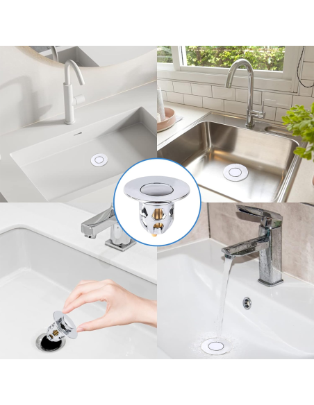 Pack 4 tapónes lavabo universal sistema pop-up, filtro antiatasco ABS 34-40 mm.