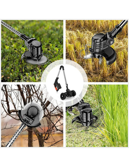 Desmalezadora sin cable, 2 baterías de 21V, con ruedas y asta telescópica