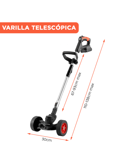 Desmalezadora sin cable, 2 baterías de 21V, con ruedas y asta telescópica