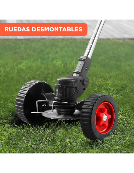 Desmalezadora sin cable, 2 baterías de 21V, con ruedas y asta telescópica