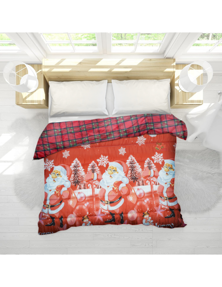 Edredón Navideño Matrimonial Doble Faz Tartan y Estampado con Papá Noel