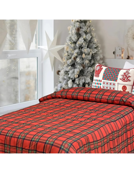 Edredón Navideño Matrimonial Doble Faz Tartan y Estampado con Papá Noel