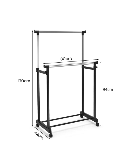 Perchero Doble Barra Altura Ajustable Ruedas Giratorias y Reposapiés
