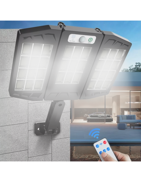 Mini farol solar con 3 paneles integrados y 216 LED, luz blanca, control remoto