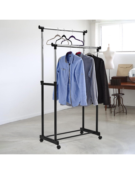 Perchero Doble Barra Altura Ajustable Ruedas Giratorias y Reposapiés