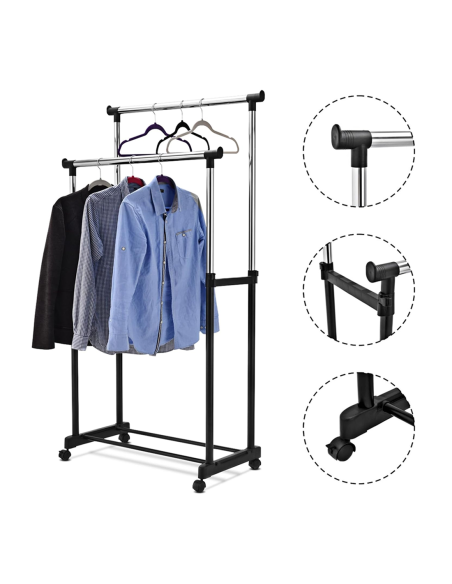 Perchero Doble Barra Altura Ajustable Ruedas Giratorias y Reposapiés