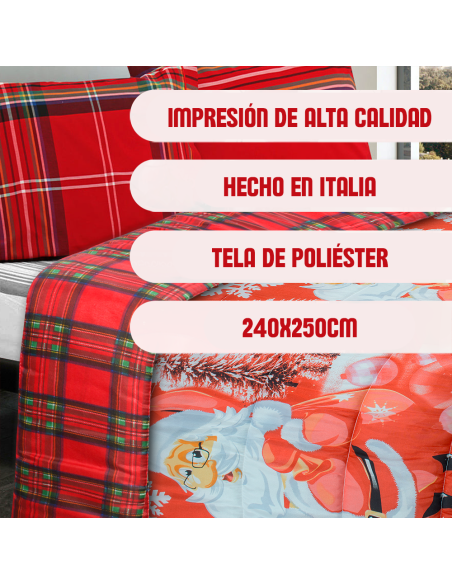 Edredón Navideño Matrimonial Doble Faz Tartan y Estampado con Papá Noel