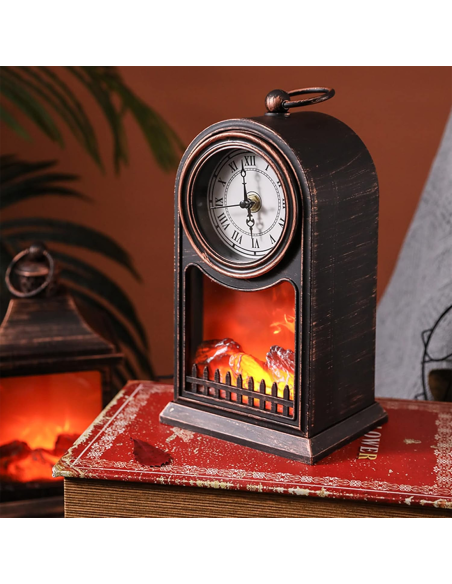 Reloj Decorativo de Mesa Vintage con Chimenea a Pilas y Efecto Llama