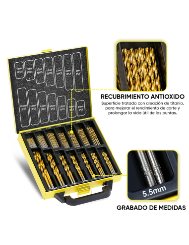 Set Brocas Taladro 100 piezas Acero Antióxido...