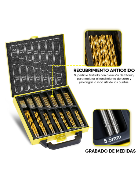 Set Brocas Taladro 100 piezas Acero Antióxido 1,5-10mm con Maletín
