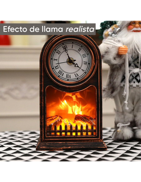 Reloj Decorativo de Mesa Vintage con Chimenea a Pilas y Efecto Llama