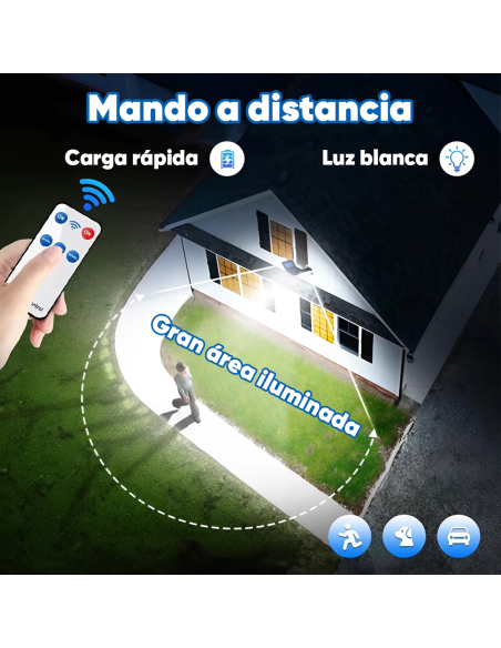 Mini farol solar con 3 paneles integrados y 216 LED, luz blanca, control remoto