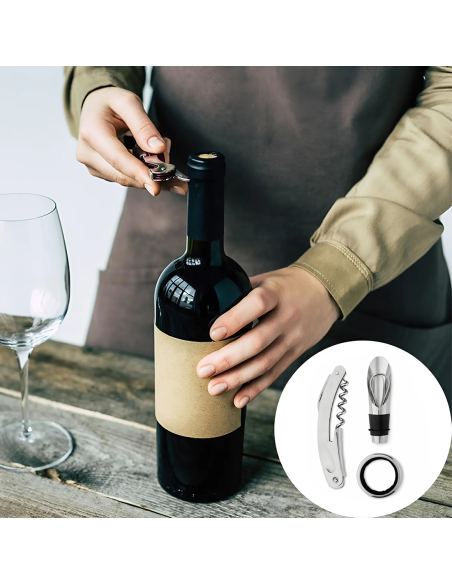 Portabotellas de vino en eco cuero para 4 botellas con accesorios para abrir