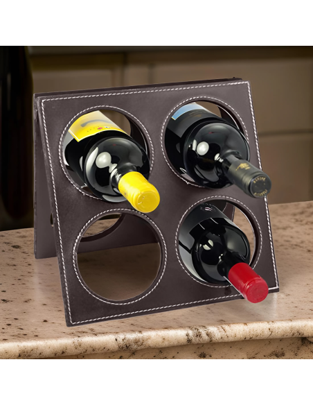 Portabotellas de vino en eco cuero para 4 botellas con accesorios para abrir