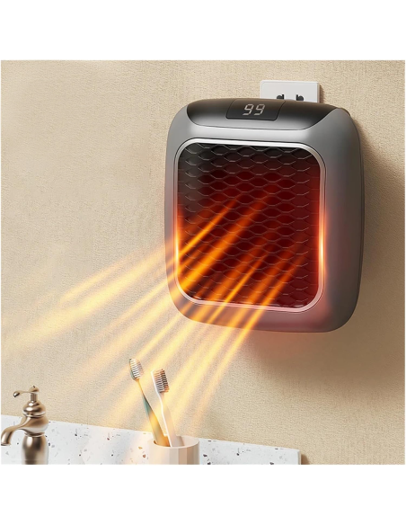 Mini estufa eléctrica portátil 800W con pantalla LED y temporizador ajustable.