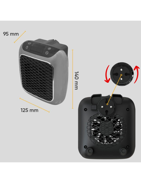 Mini estufa eléctrica portátil 800W con pantalla LED y temporizador ajustable.