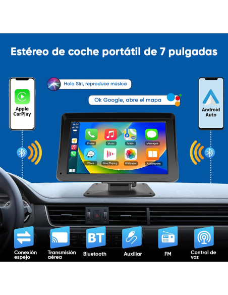 Pantalla CarPlay 7'' para Coche con GPS, FM, Bluetooth, Android iOS
