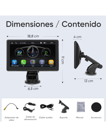 Pantalla CarPlay 7'' para Coche con GPS, FM, Bluetooth, Android iOS