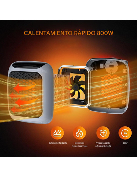 Mini estufa eléctrica portátil 800W con pantalla LED y temporizador ajustable.