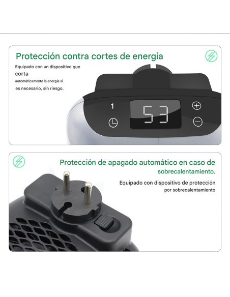 Mini estufa eléctrica portátil 800W con pantalla LED y temporizador ajustable.
