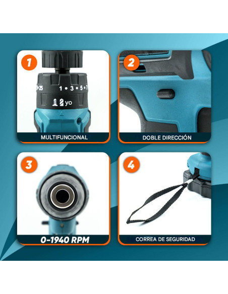 Taladro Atornillador 21V Recargable con Maletín y Herramientas Incluidas