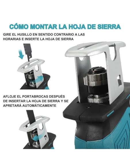 Sierra alternativa 48V, doble batería, 4 hojas, para poda madera y metal.