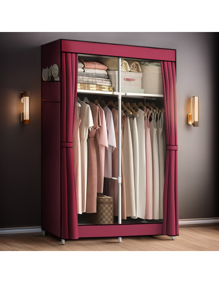 Armario de Tela 2 Puertas con Estantes y Barra para Ropa, Ideal Camping