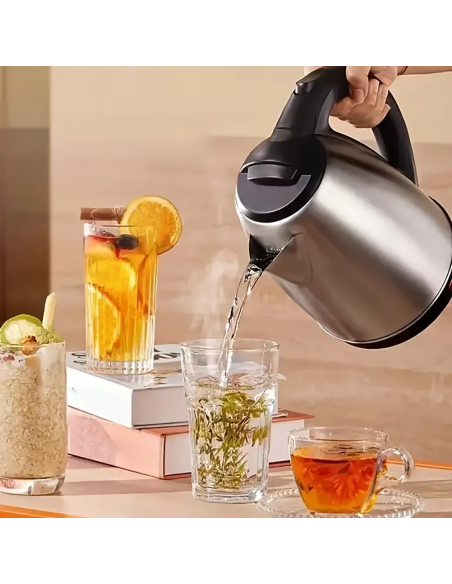 Hervidor de agua eléctrico 1500W, 1.8L, acero inoxidable, base giratoria.