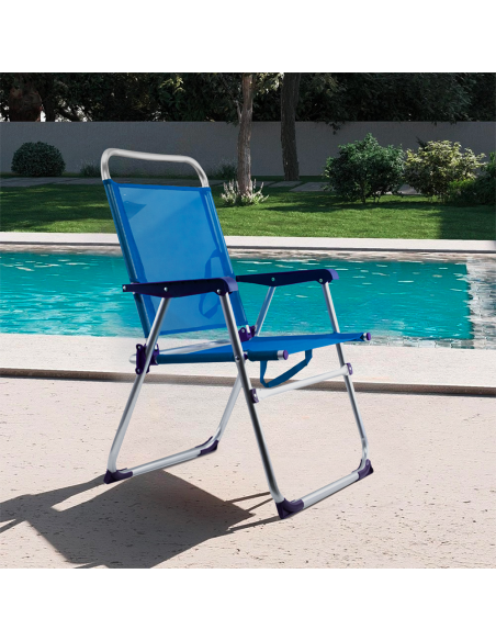 Silla reclinable de playa de aluminio con textilene, tipo tumbona, plegable.