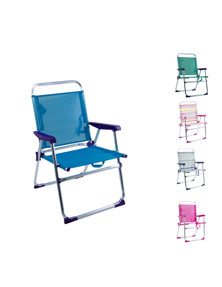 Silla reclinable de playa de aluminio con textilene, tipo tumbona, plegable.