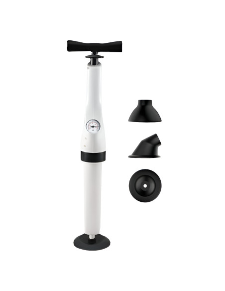 Desatascador de presión con manómetro y pistón inflador para WC y lavabos.