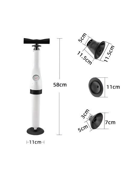 Desatascador de presión con manómetro y pistón inflador para WC y lavabos.