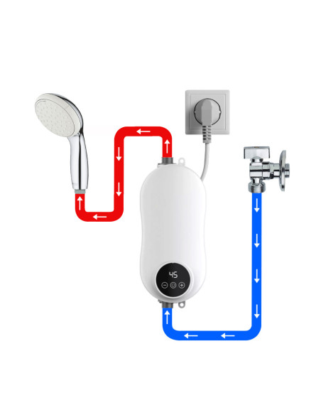 Mini calentador instantáneo 3500W, mezclador y termostato.